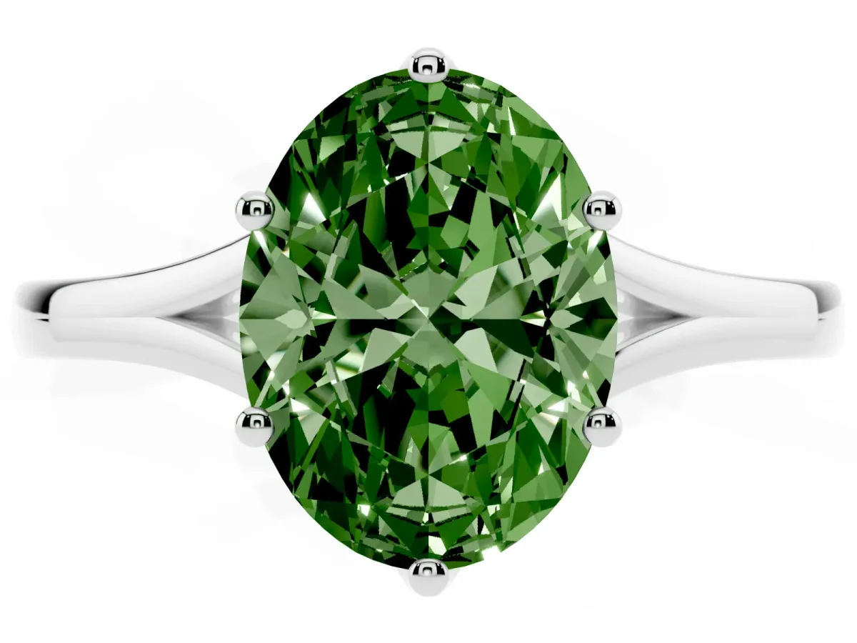 Fancy Green Oval Cut Solitaire Diamond Ring with Six-Prong Setting and Tapered Band Silver