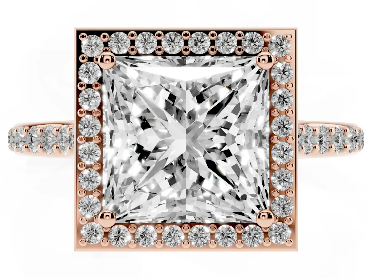 Princess Cut Diamond Halo Engagement Ring with Round Pavé Shoulders and Prong Setting Rose gold