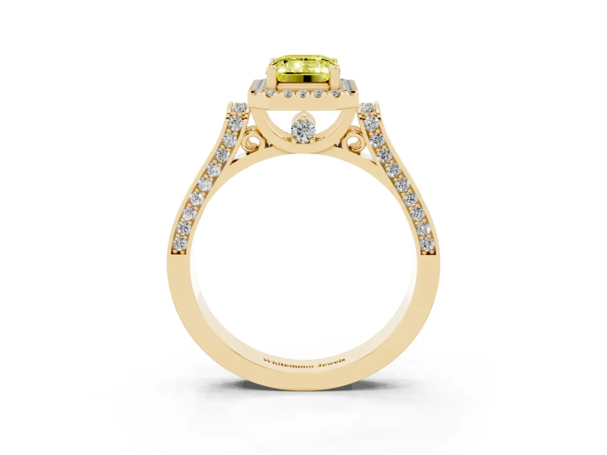 Fancy Yellow Emerald Cut Halo Round Diamond Twist Band with Four-Prong Setting Yellow gold