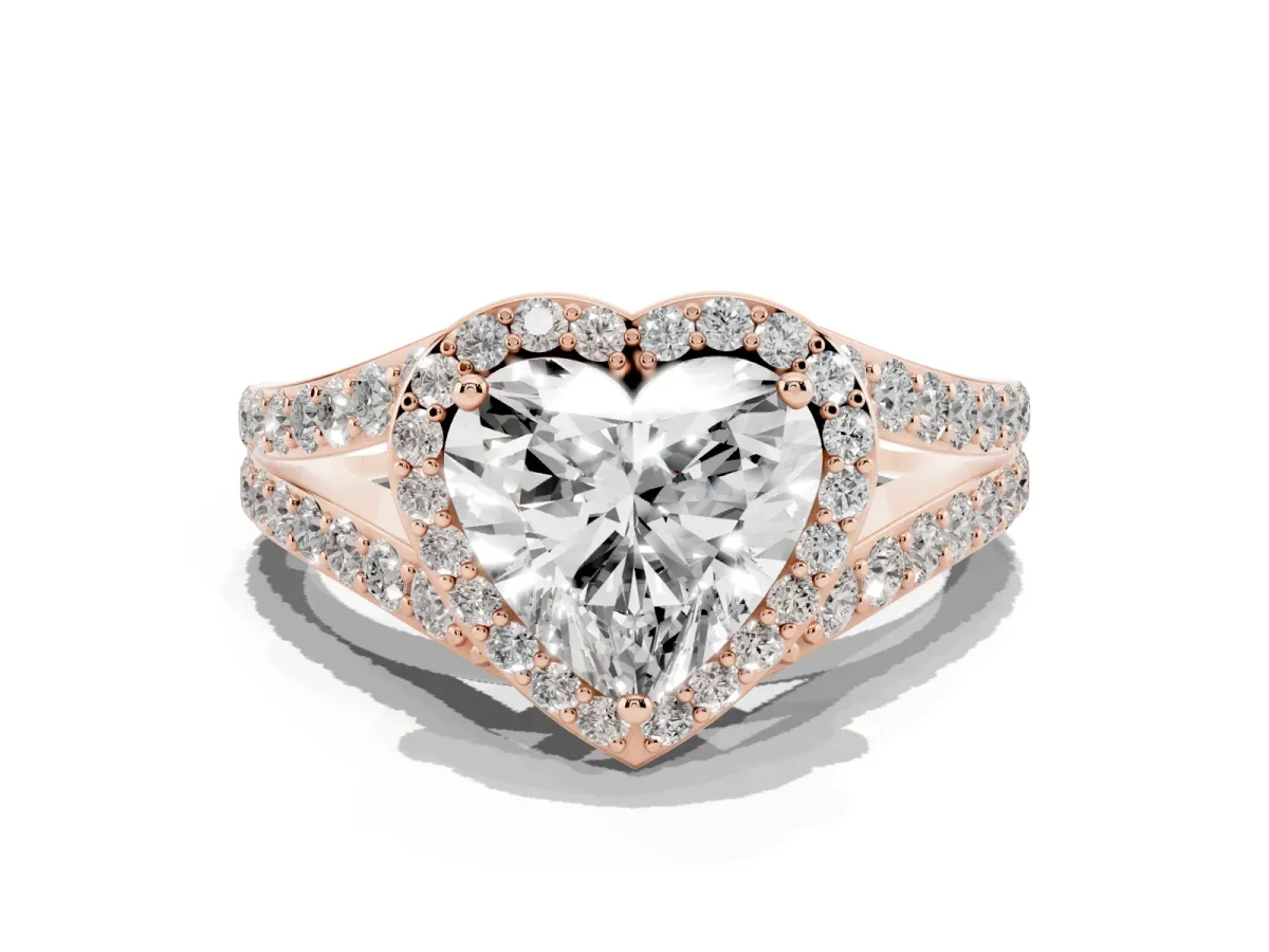 Heart Cut Diamond Split Shank Halo Ring with Four-Prong Setting Rose gold