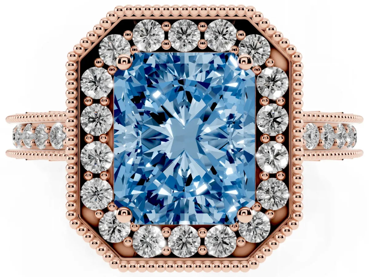 Fancy Blue Radiant Cut Diamond Milgrain Halo Engagement Ring with Round Pavé Band and Prong Setting Rose gold
