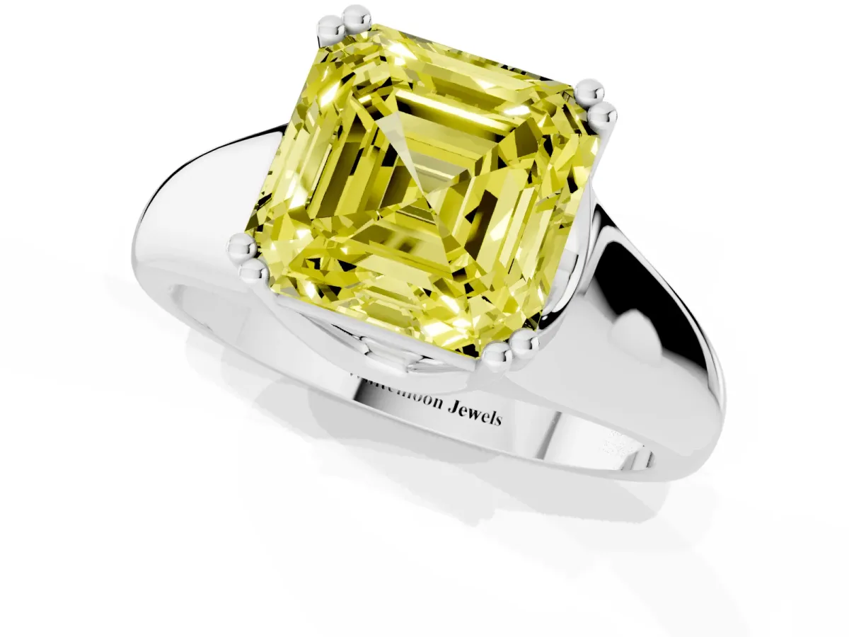 Fancy Yellow Asscher Cut Diamond Solitaire Ring with Wide Band and Prong Setting Platinum