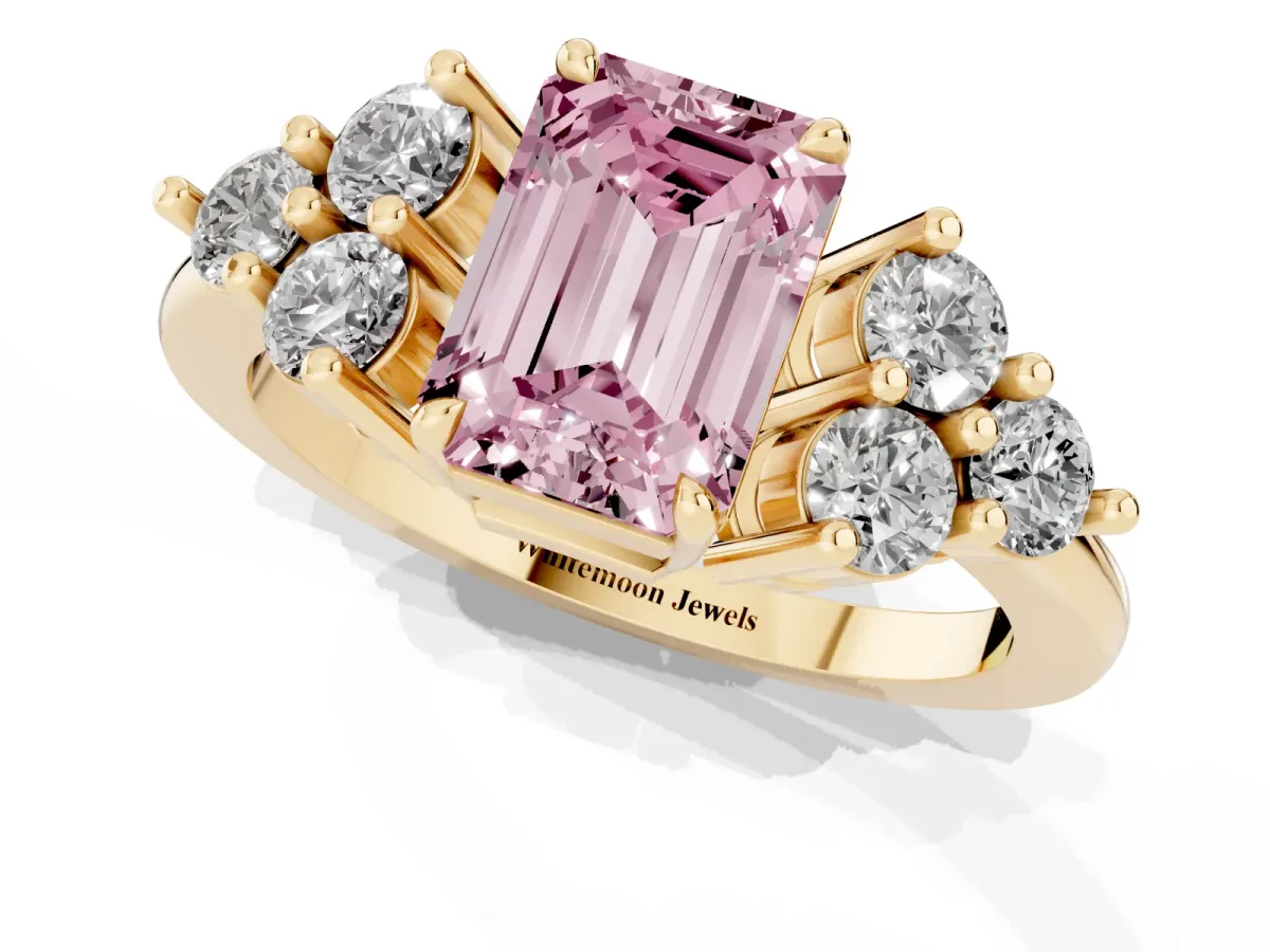 Fancy Pink Emerald Cut Brilliant Diamond Cluster Accent Solitaire Ring with Prong Setting Yellow gold