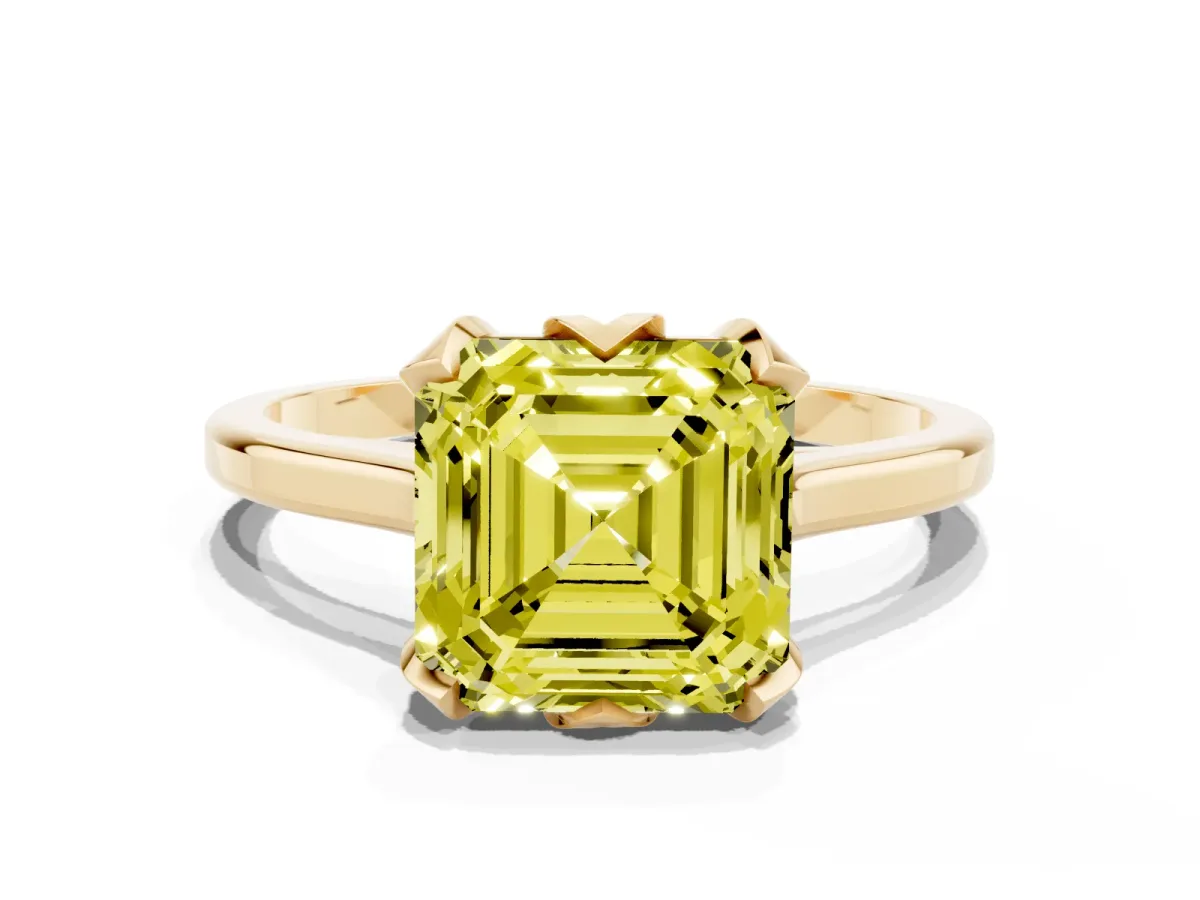 Fancy Yellow Asscher Cut Diamond Solitaire Ring with Flower Prong Setting and Classic Band Yellow gold