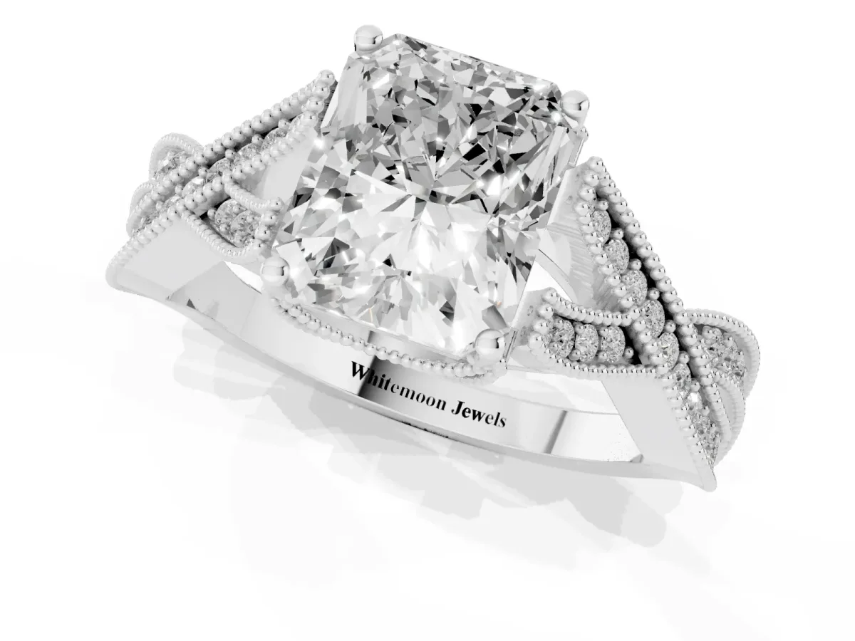 Radiant Cut Cut Diamond Twisted Band with Milgrain Pave Setting and Four-Prong Setting Silver