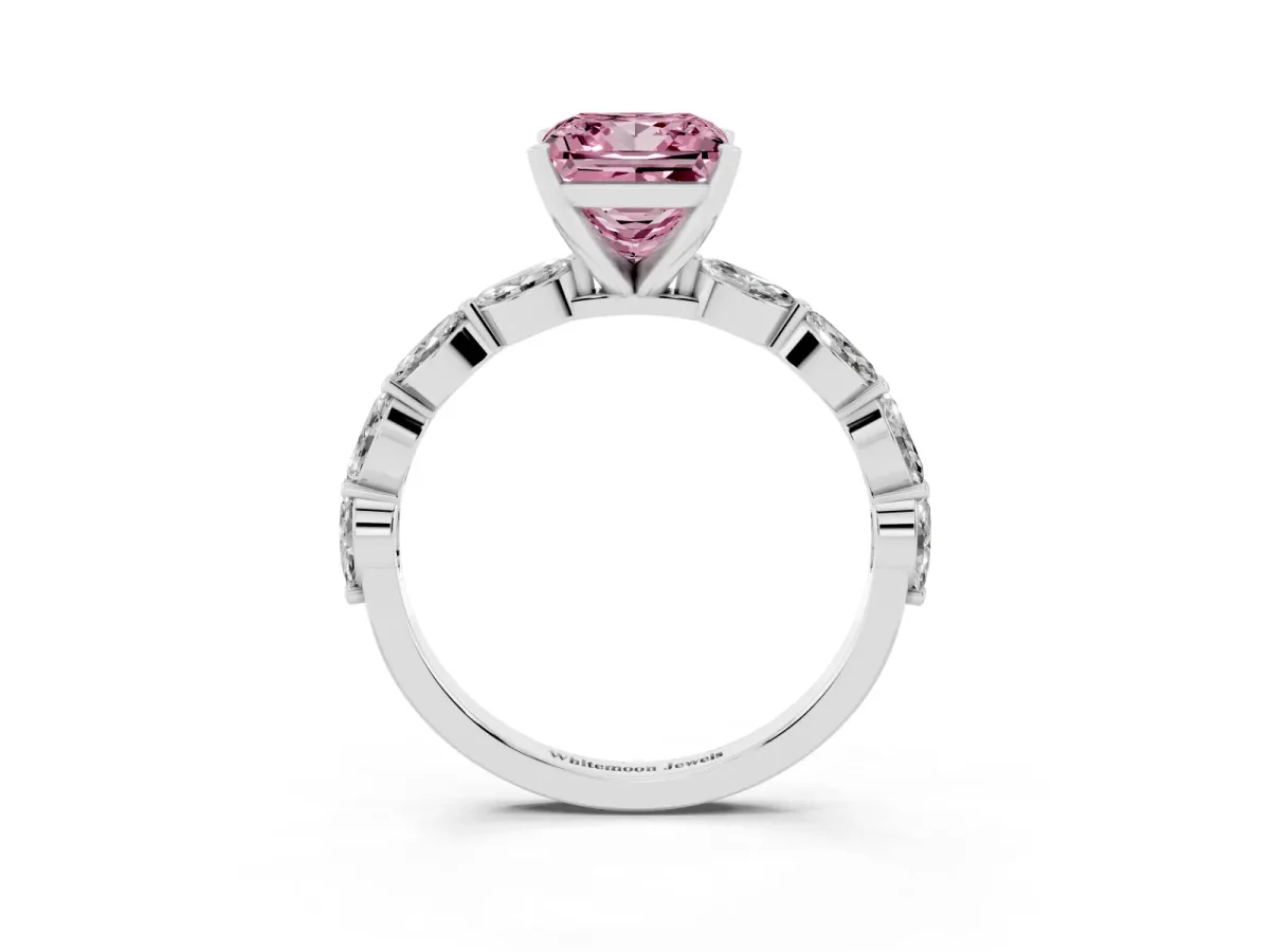 Fancy Pink Princess Cut Diamond Ring with Marquise Side Stones and Prong Setting Platinum