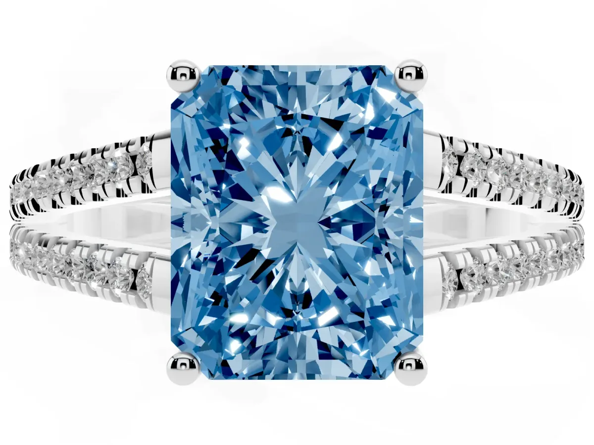 Fancy Blue Radiant Cut Diamond Solitaire Engagement Ring with Split Shank Pavé Band Platinum