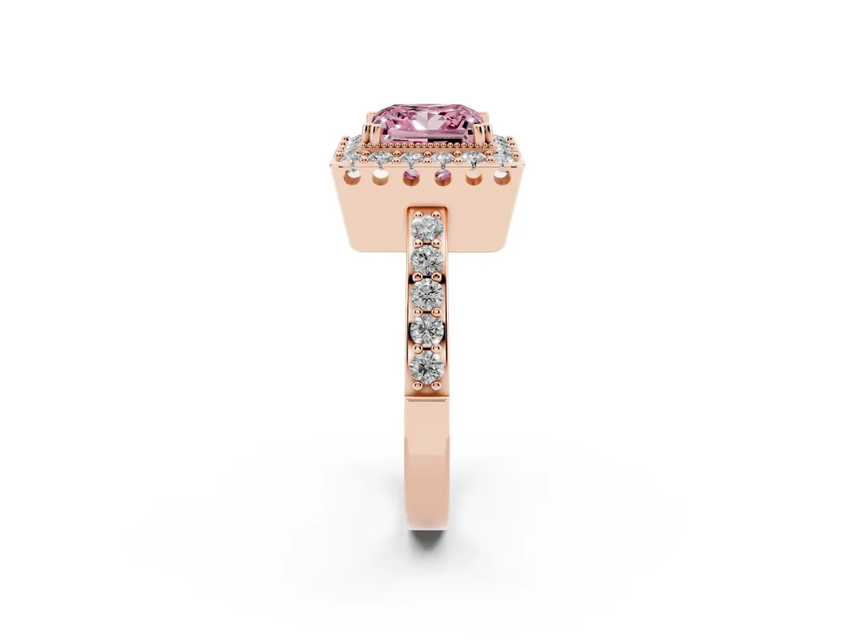 Fancy Pink Princess Cut Diamond Halo Ring with Pavé Band and Prong Setting Rose gold