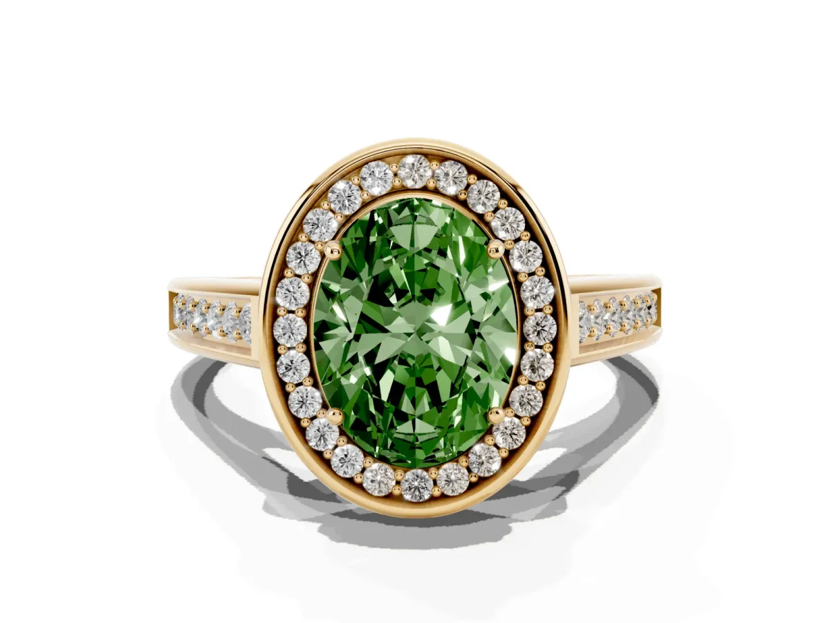 Fancy Green Oval Cut Halo Solitaire Diamond Ring with Pave Band and Bezel Setting Yellow gold