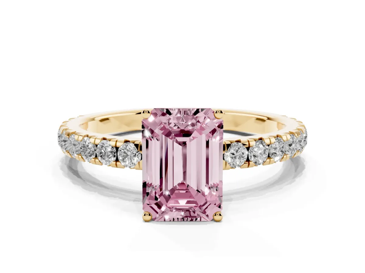 Fancy Pink Emerald Cut Diamond Pavé Solitaire Engagement Ring with Four-Prong Setting Yellow gold