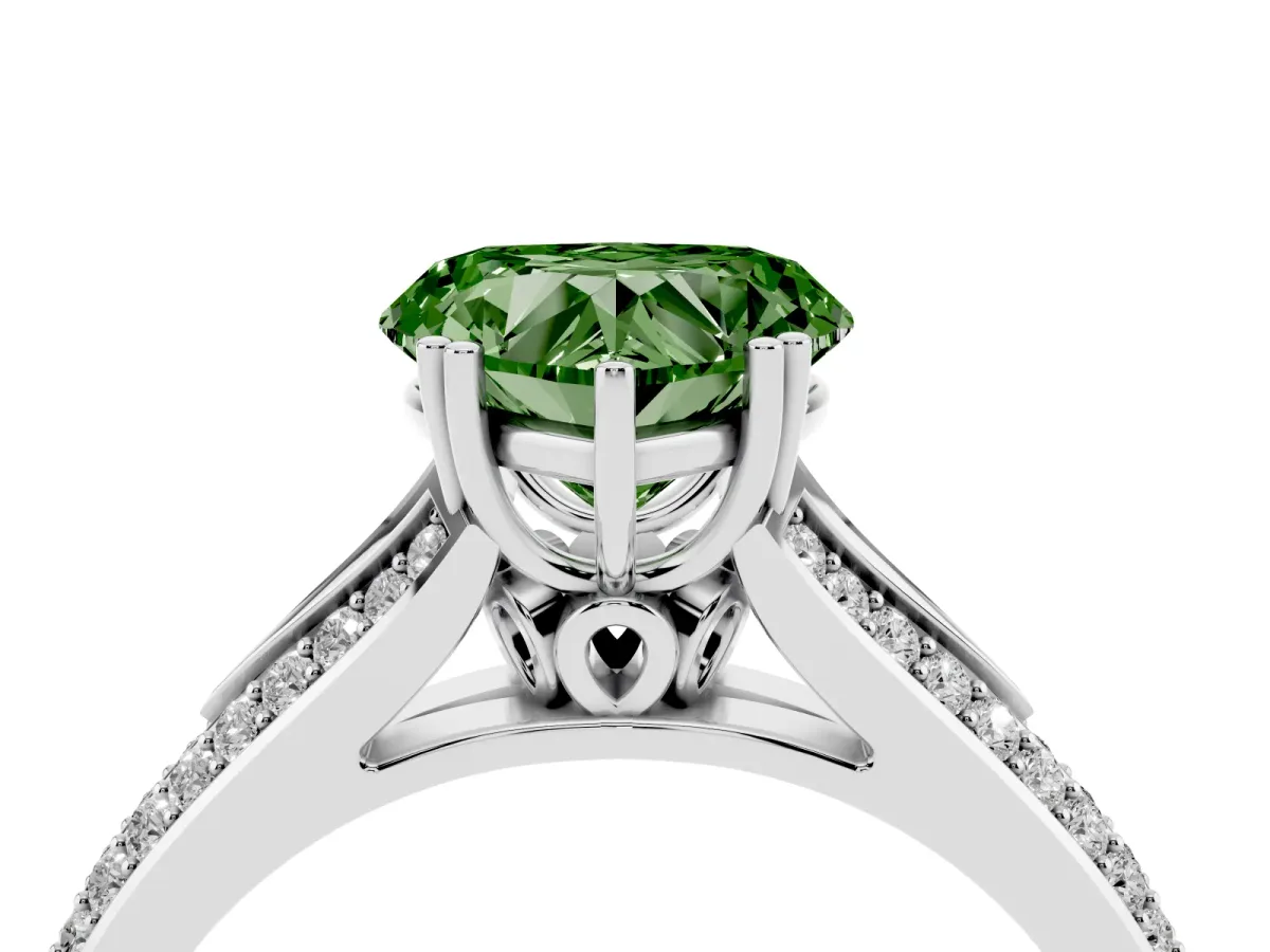 Fancy Green Heart Cut Diamond Split Shank Engagement Ring with Pavé Band Silver