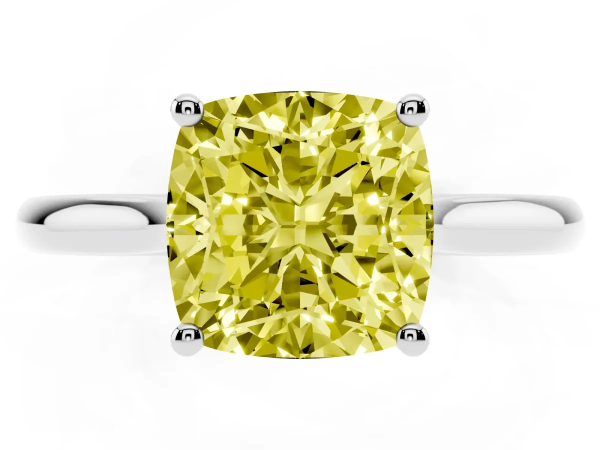 Fancy Yellow Cushion Cut Cut Solitaire Ring with Cathedral Band and Four-Prong Setting Silver