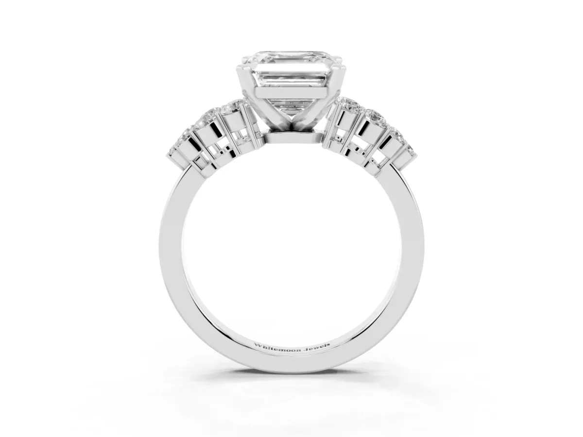 Asscher Cut Cluster Diamond Engagement Ring with Pavé Band and Four-Prong Setting Silver