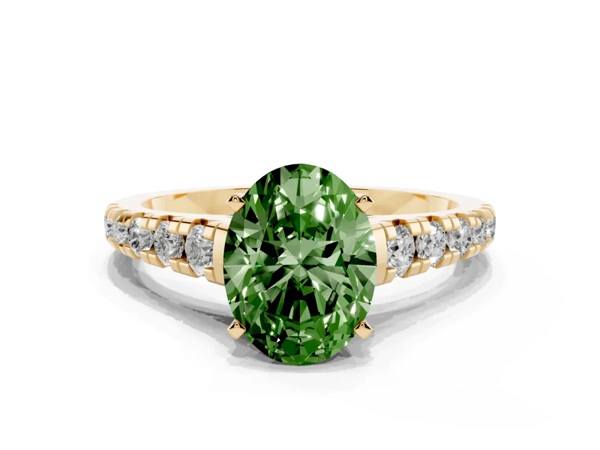 Fancy Green Oval Cut Diamond Cathedral Solitaire Ring with Round Pavé Band Yellow gold
