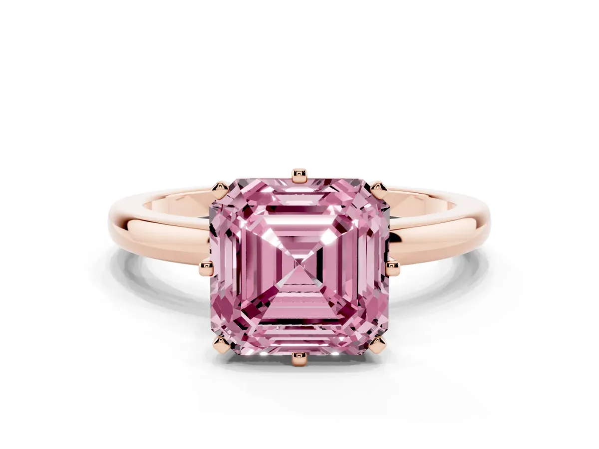 Fancy Pink Asscher Cut Solitaire Diamond Ring with Six-Prong Setting on a Classic Band Rose gold