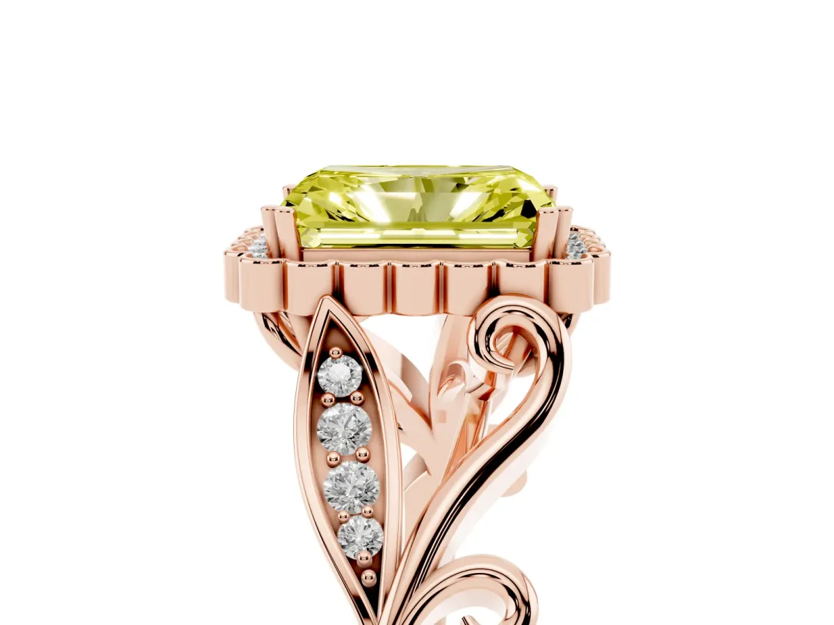 Fancy Yellow Radiant Cut Diamond Halo Ring with Vintage Split Shank and Four-Prong Setting Rose gold