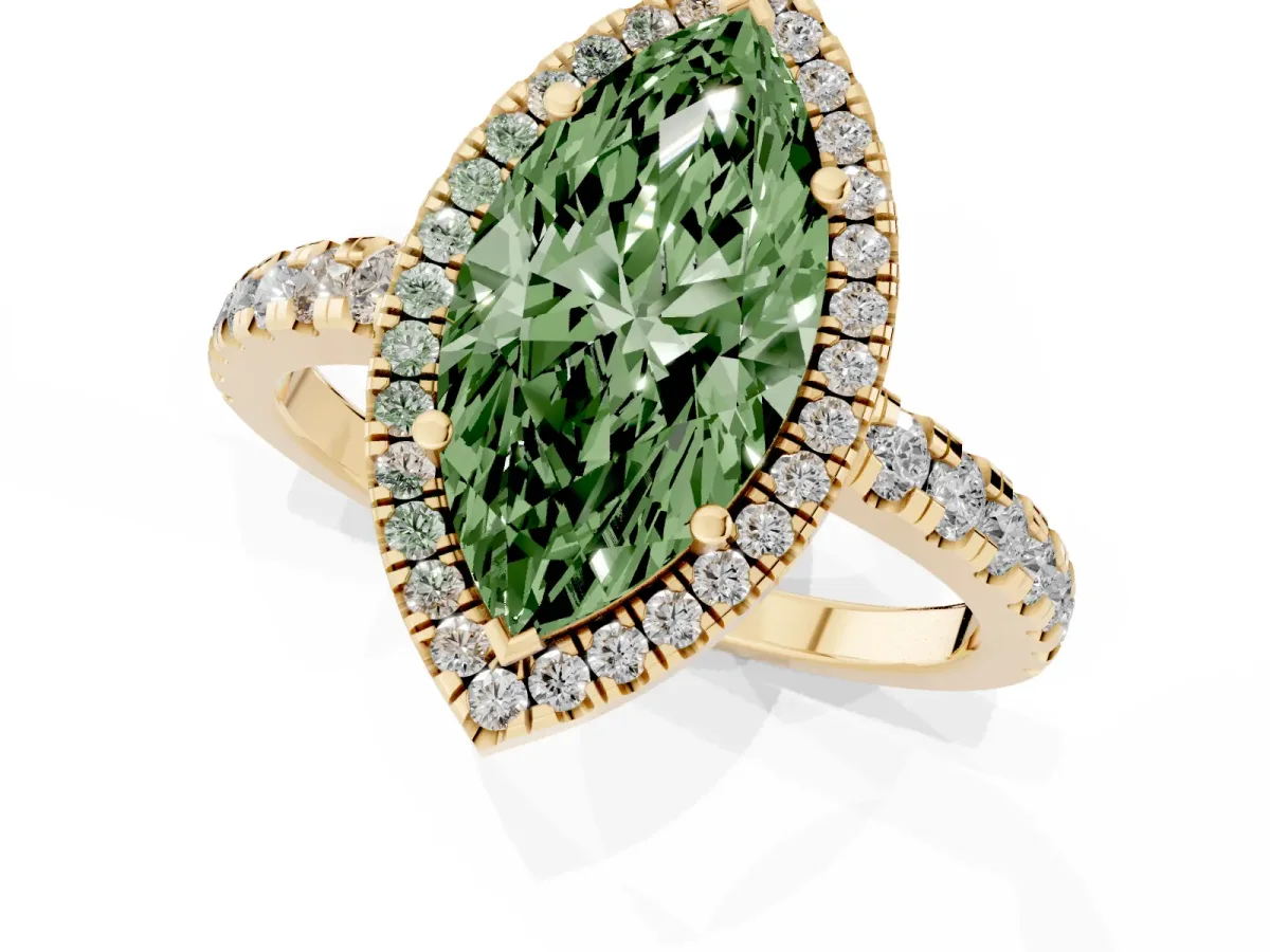 Fancy Green Marquise Cut Diamond Halo Ring with Pavé Band and Four-Prong Setting Yellow gold