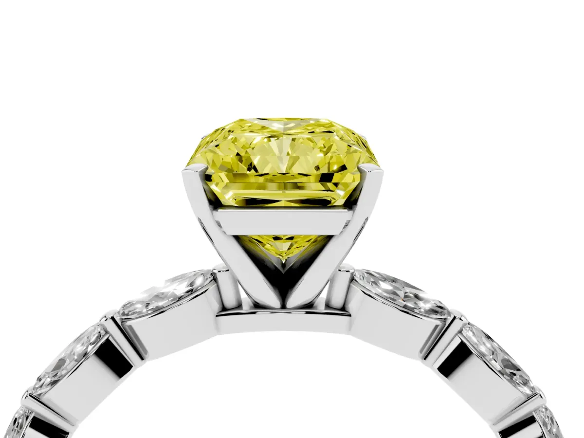 Fancy Yellow Radiant Cut Diamond Ring with Marquise Side Stones and Prong Setting Platinum