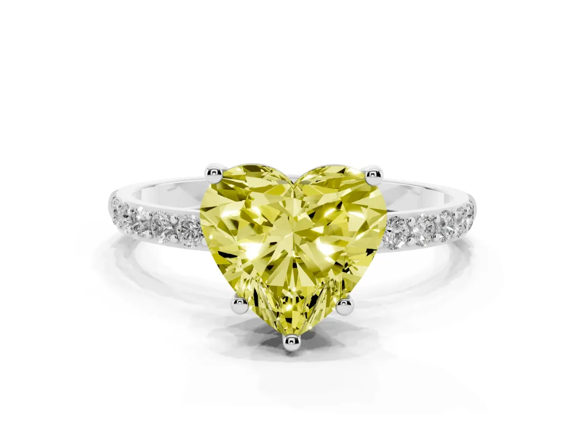 Fancy Yellow Heart Cut Diamond Solitaire Ring with Round Pavé Shoulders and Prong Setting Silver