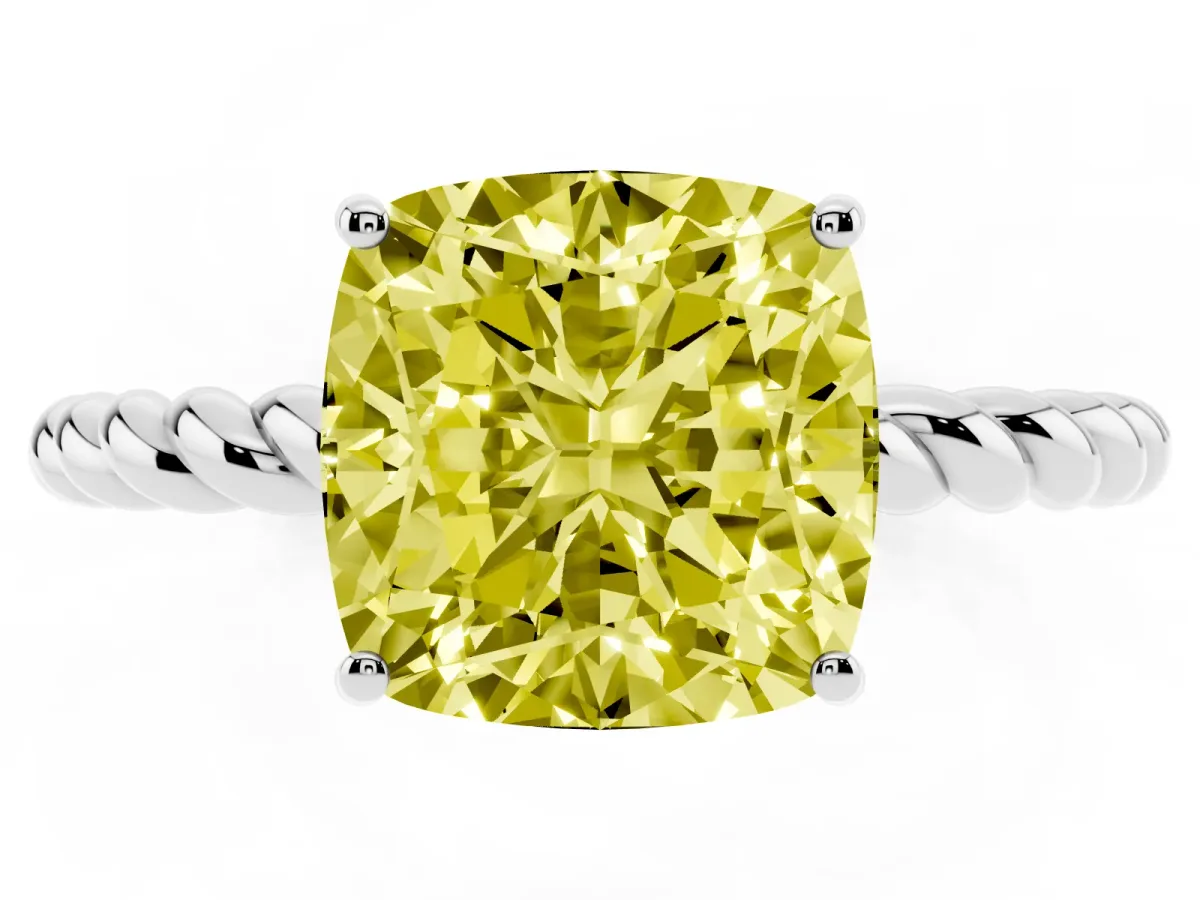 Fancy Yellow Cushion Cut Solitaire Twist Band Ring with Four-Prong Setting Platinum