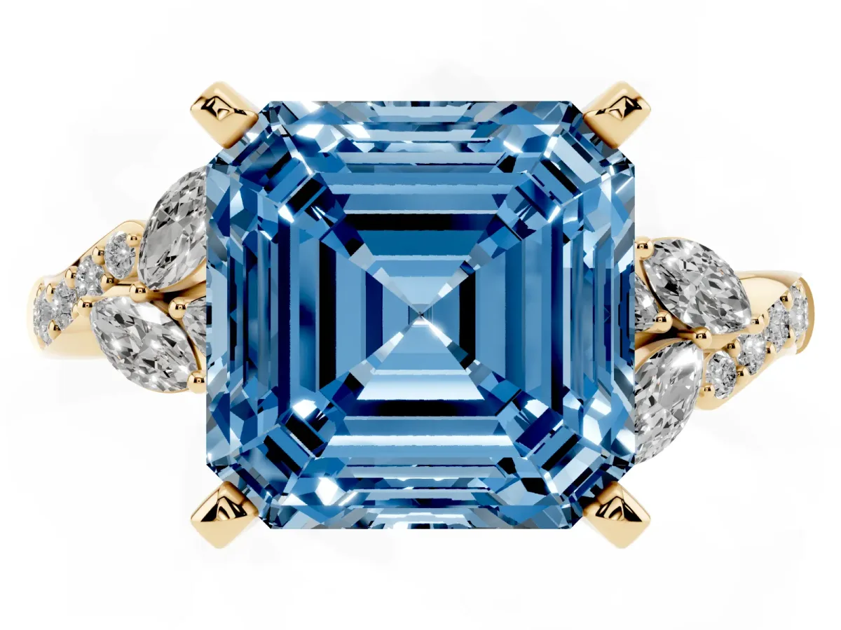 Fancy Blue Asscher Cut Solitaire Marquise Twist Band with Six-Prong Setting Yellow gold