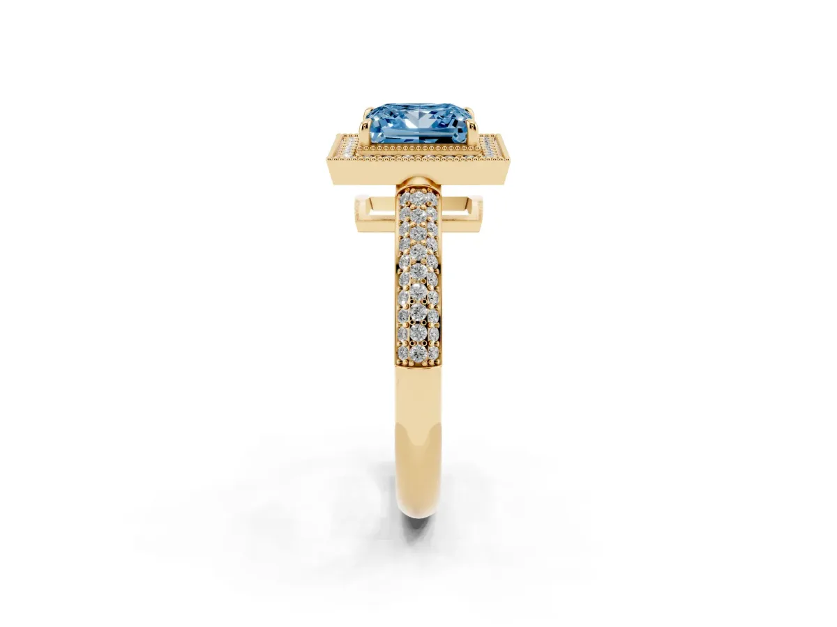 Fancy Blue Princess Cut Cut Halo Diamond Pave Band with Four-Prong Setting Yellow gold