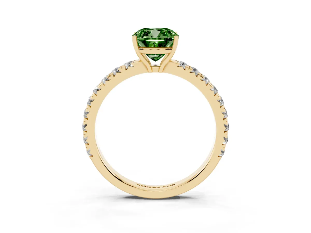 Fancy Green Cushion Cut Diamond Pavé Solitaire Engagement Ring with Four-Prong Setting Yellow gold