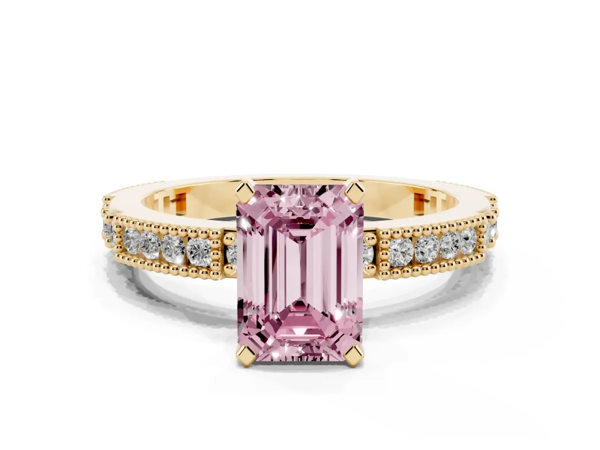 Fancy Pink Emerald Cut Solitaire with Pavé Band and Four-Prong Setting Yellow gold