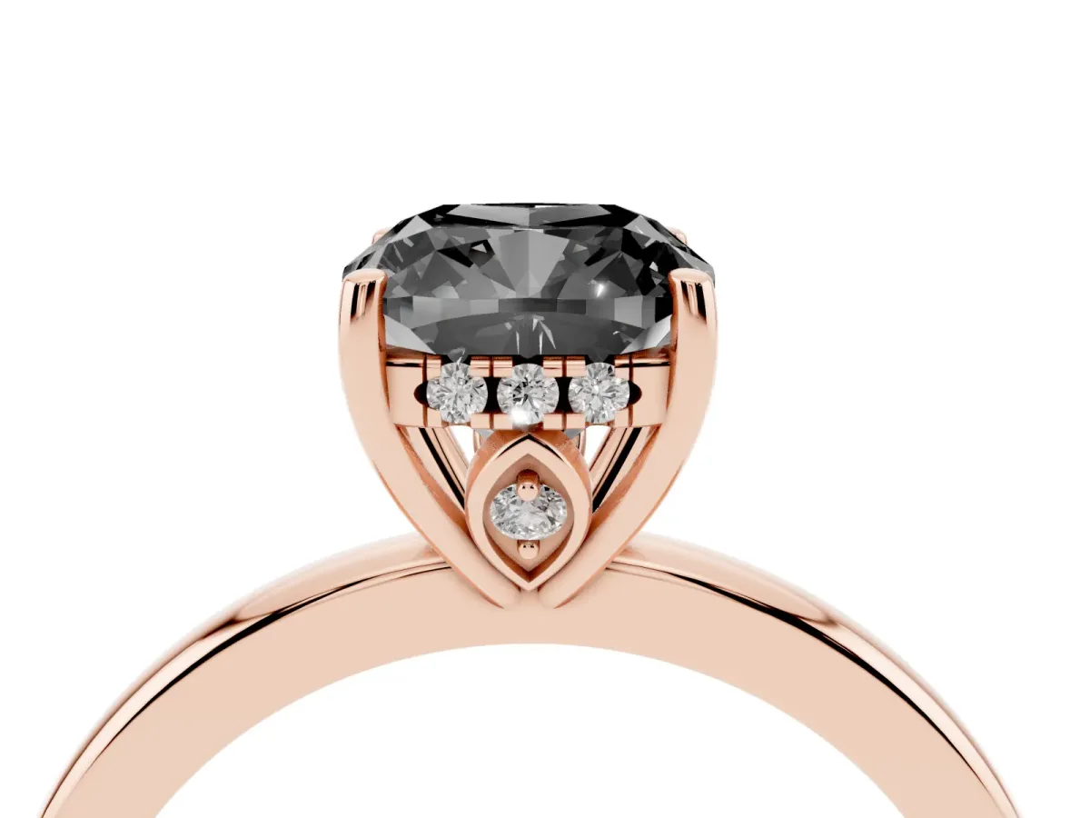 Fancy Black Cushion Cut Solitaire Diamond Ring with Prong Setting and Plain Band Rose gold