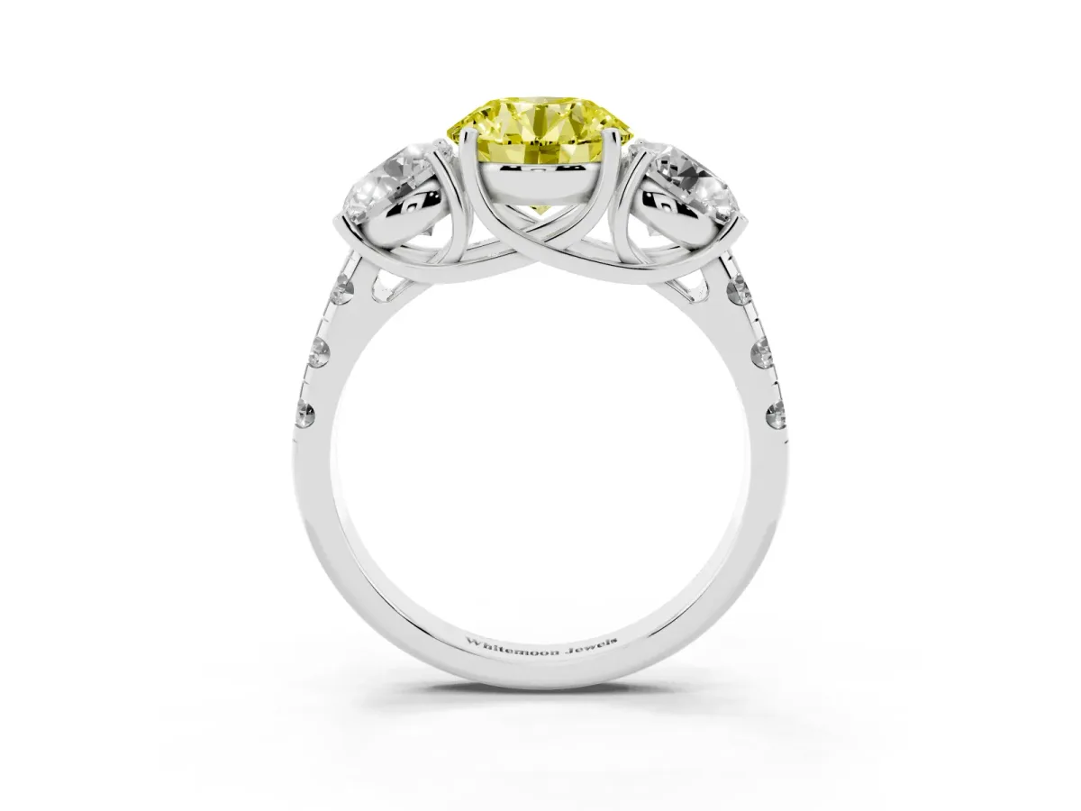 Fancy Yellow Three-Stone Round Cut Diamond Pavé Band with Prong Setting Silver