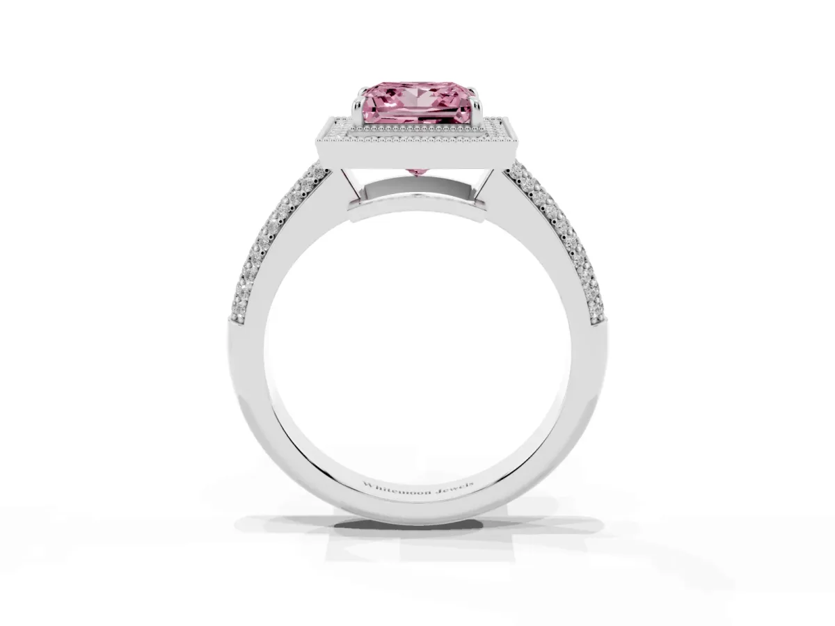 Fancy Pink Princess Cut Cut Halo Diamond Pave Band with Four-Prong Setting Silver
