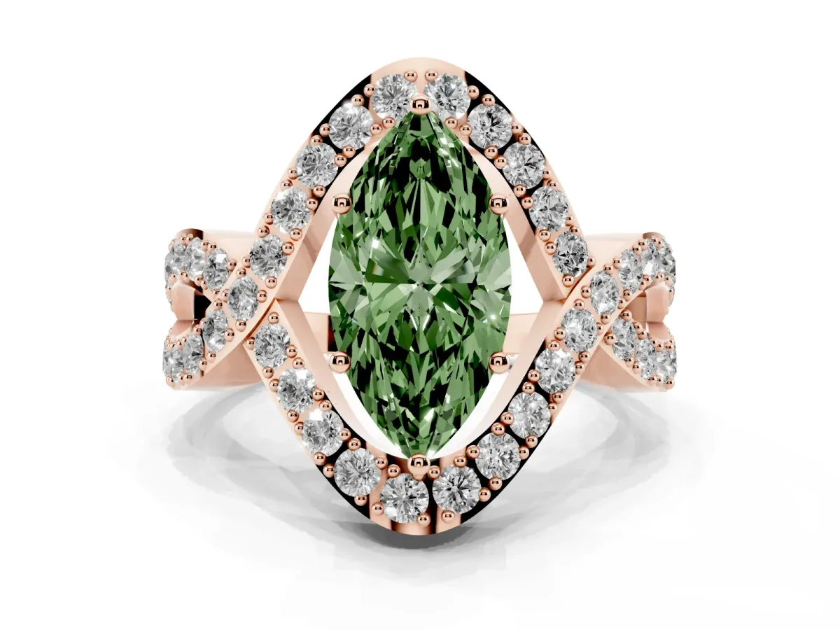 Fancy Green Marquise Cut Solitaire Twist Band Pavé Diamond Engagement Ring Rose gold