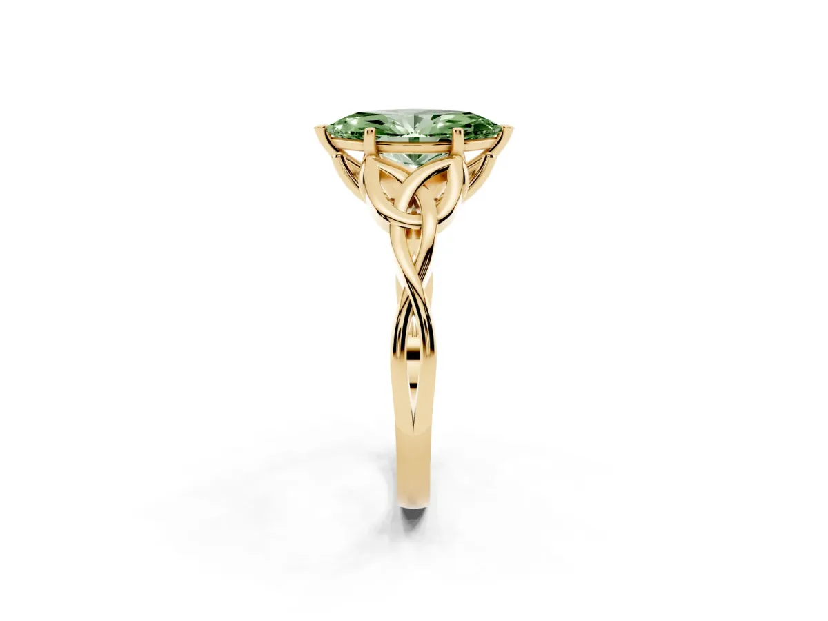 Fancy Green Marquise Cut Diamond Solitaire Engagement Ring with Celtic Knot Band and Four-Prong Setting Yellow gold