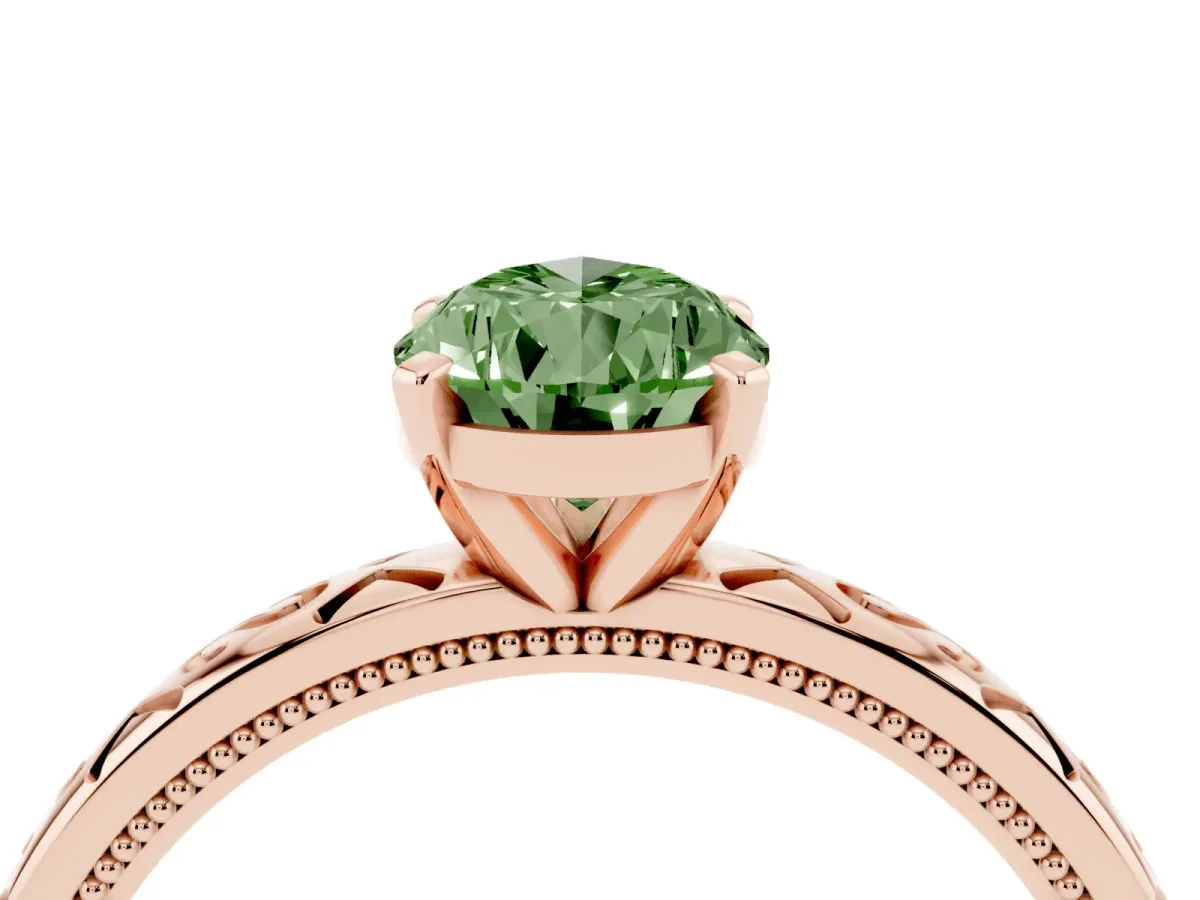 Fancy Green Pear Cut Solitaire Engagement Ring with Scrollwork Band and Four-Prong Setting Rose gold