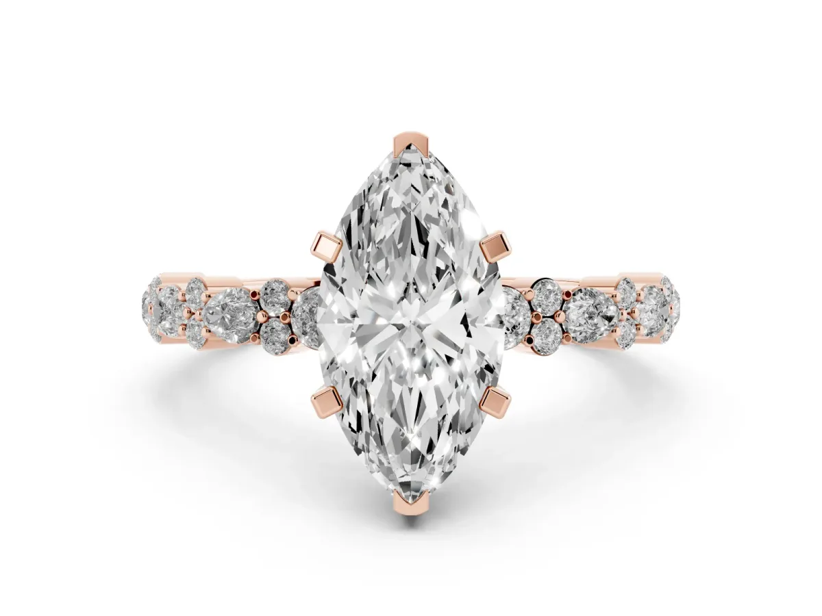 Marquise Cut Diamond Side Stone Solitaire Ring with Round and Four-Prong Setting Rose gold