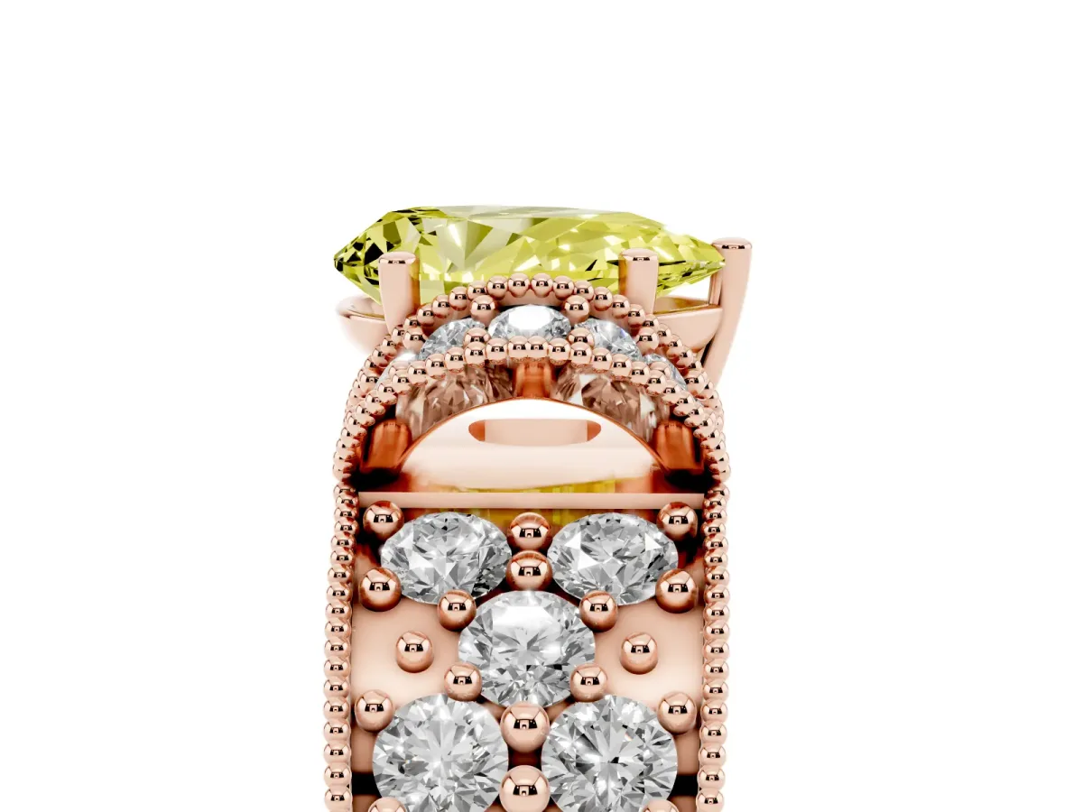 Fancy Yellow Pear Cut Halo Pave Diamond Engagement Ring with Milgrain Detailing Rose gold