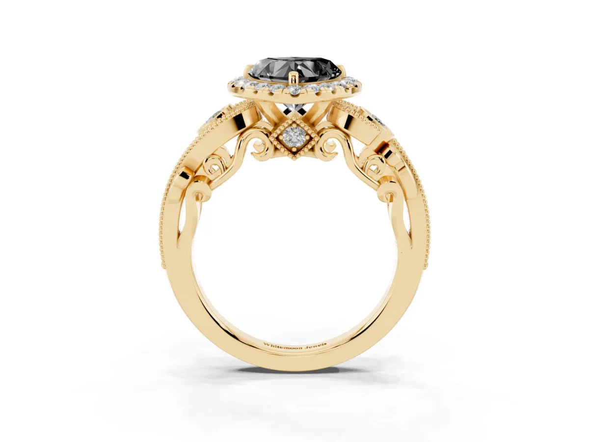 Fancy Black Heart Cut Halo Diamond Ring with Milgrain and Bezel Accents on a Split Shank Band Yellow gold