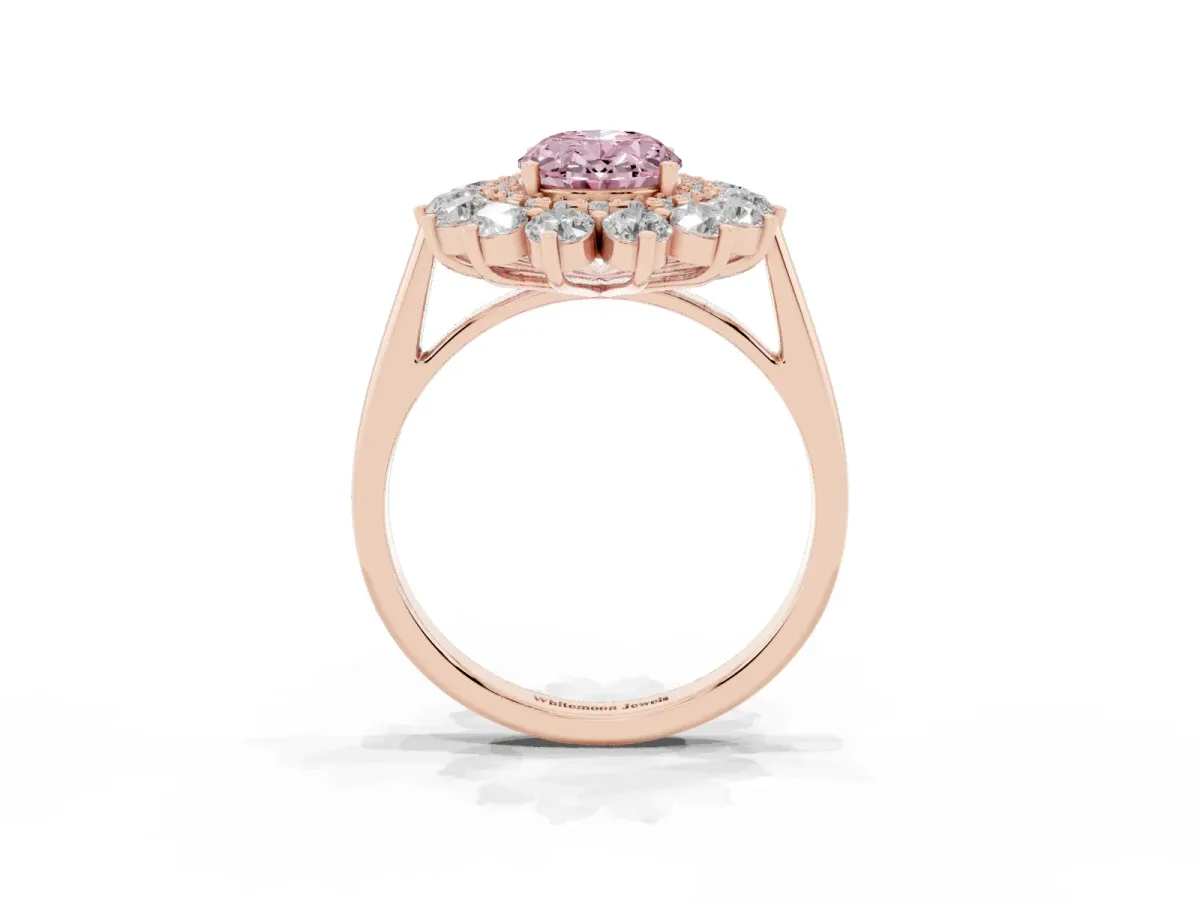 Fancy Pink Oval Cut Diamond Floral Double Halo Engagement Ring with Prong Setting Rose gold