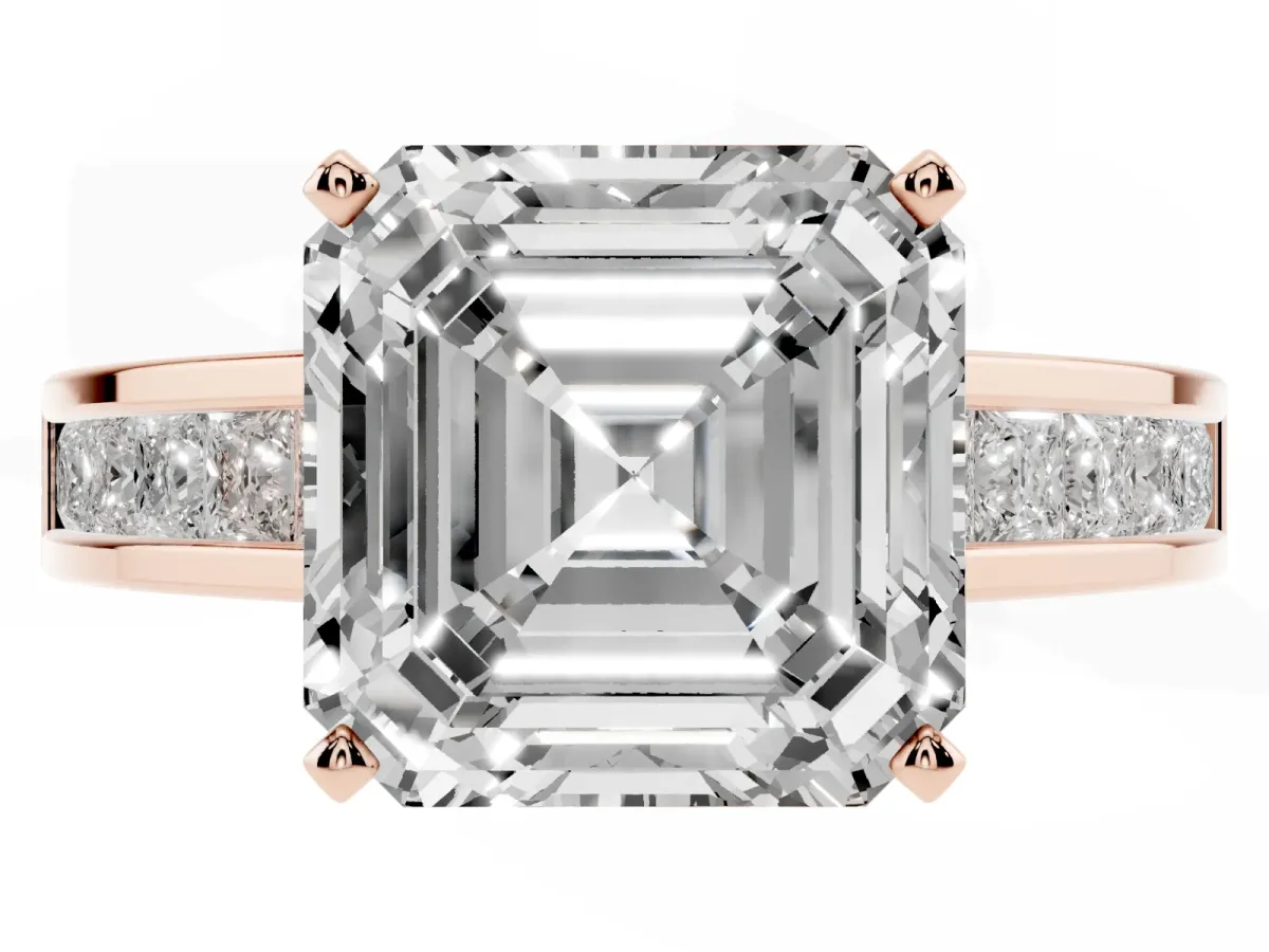 Asscher Cut Solitaire Diamond Ring with Channel-Set Band and Four-Prong Setting Rose gold