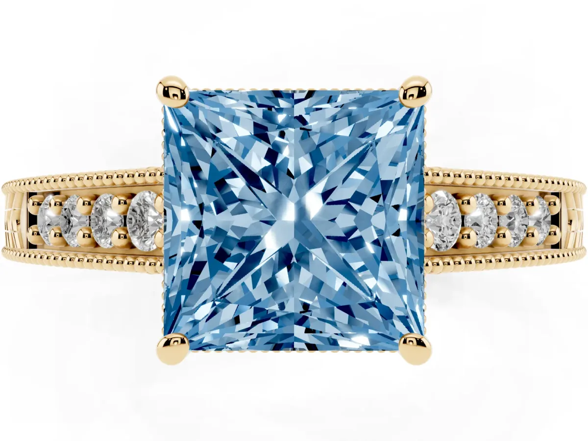Fancy Blue Princess Cut Solitaire Pavé Diamond Milgrain Engagement Ring with Four-Prong Setting Yellow gold