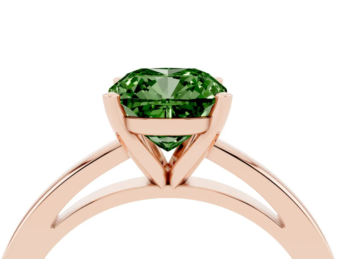 Fancy Green Cushion Cut Solitaire Diamond Engagement Ring with Four-Prong Setting on a Classic Band Rose gold
