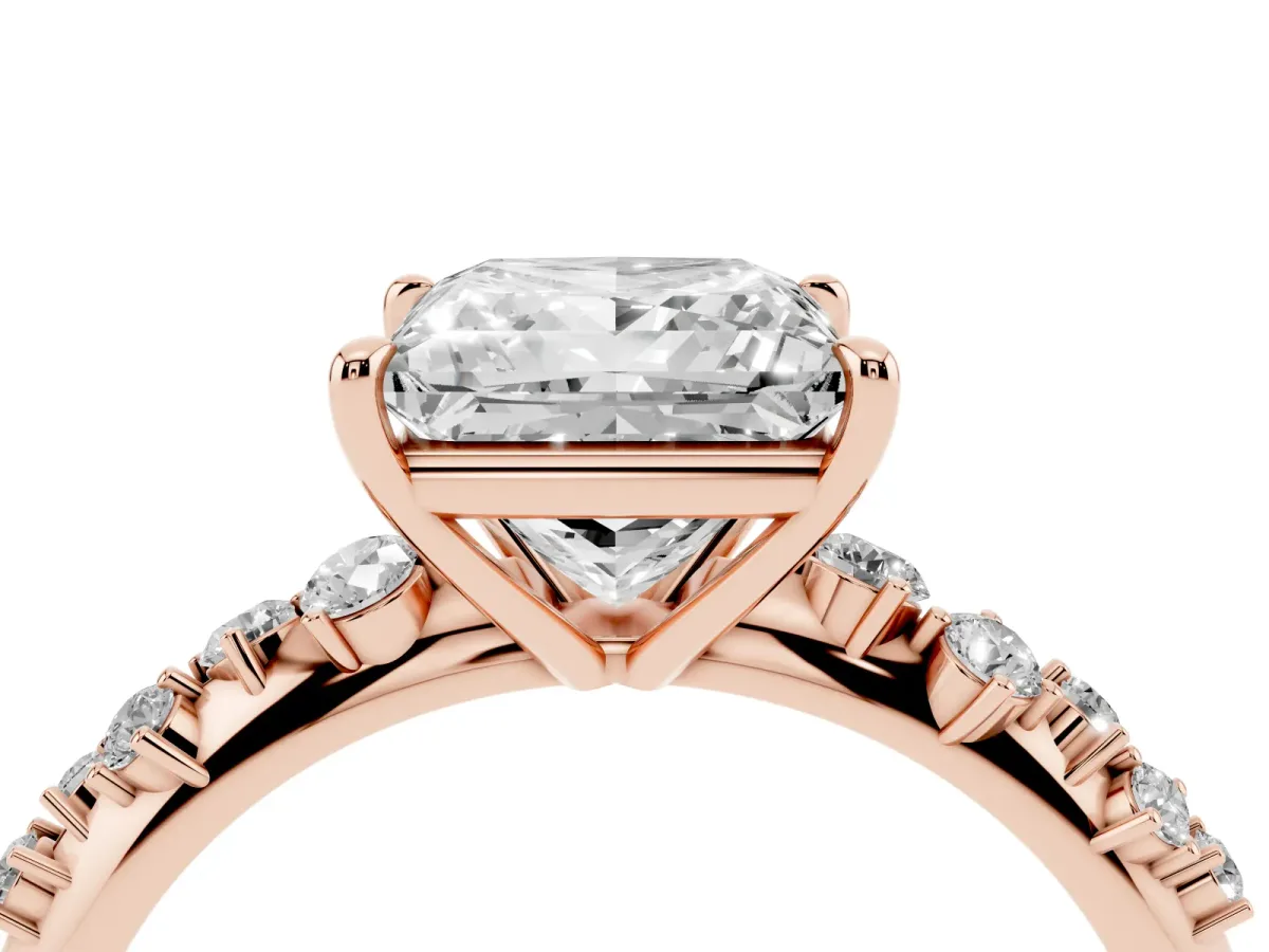 Princess Cut Diamond Cluster Side Stone Solitaire Ring with Prong Setting Rose gold