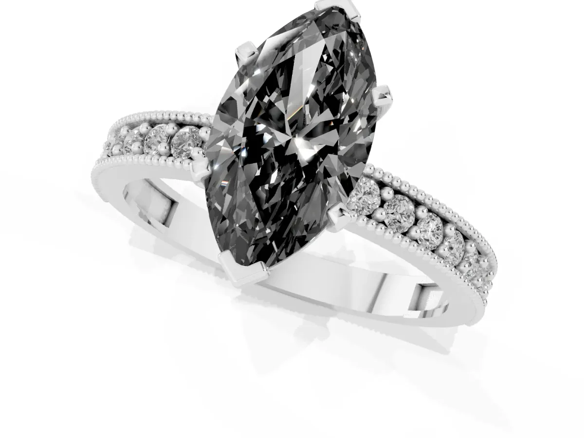 Fancy Black Marquise Cut Diamond Milgrain Pavé Engagement Ring with Four-Prong Setting Silver