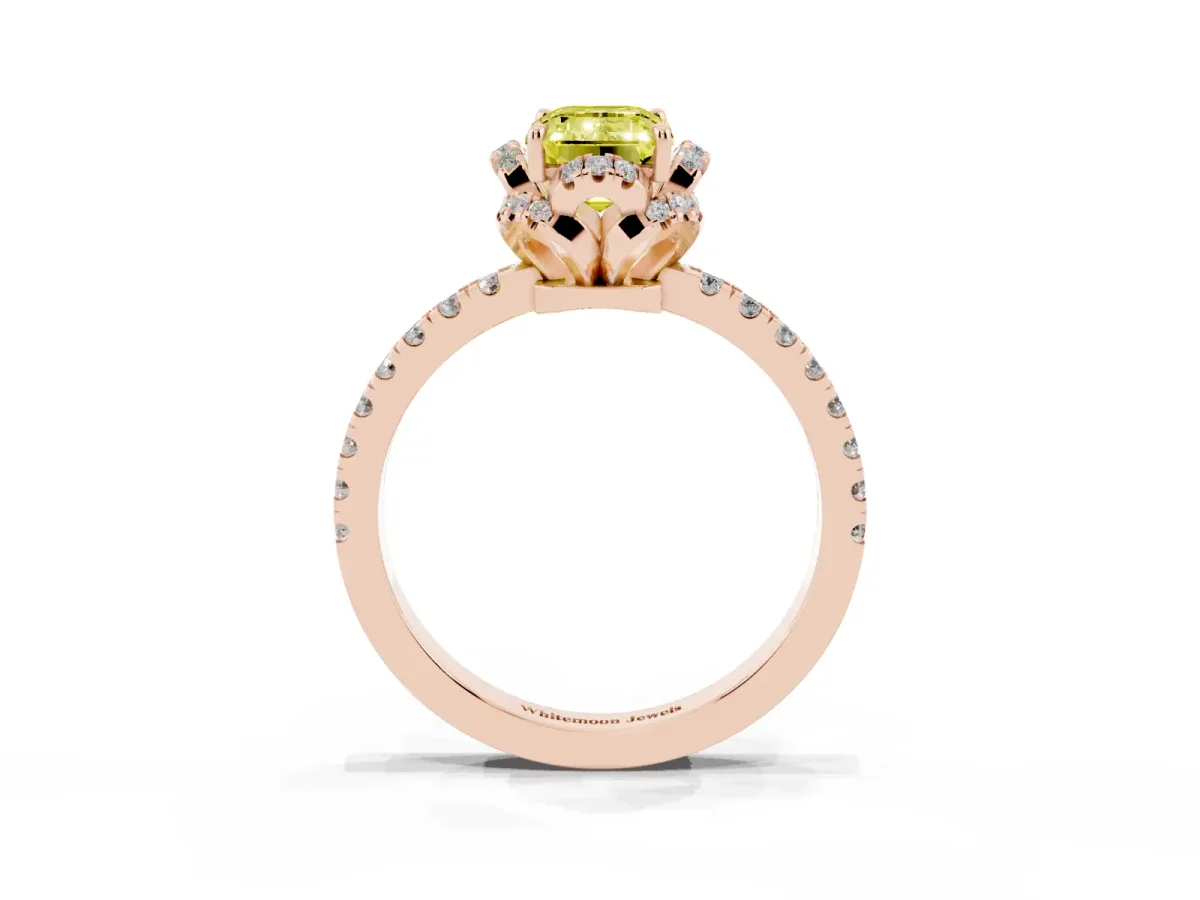 Fancy Yellow Emerald Cut Halo Diamond Pave Band Ring with Four-Prong Setting Rose gold
