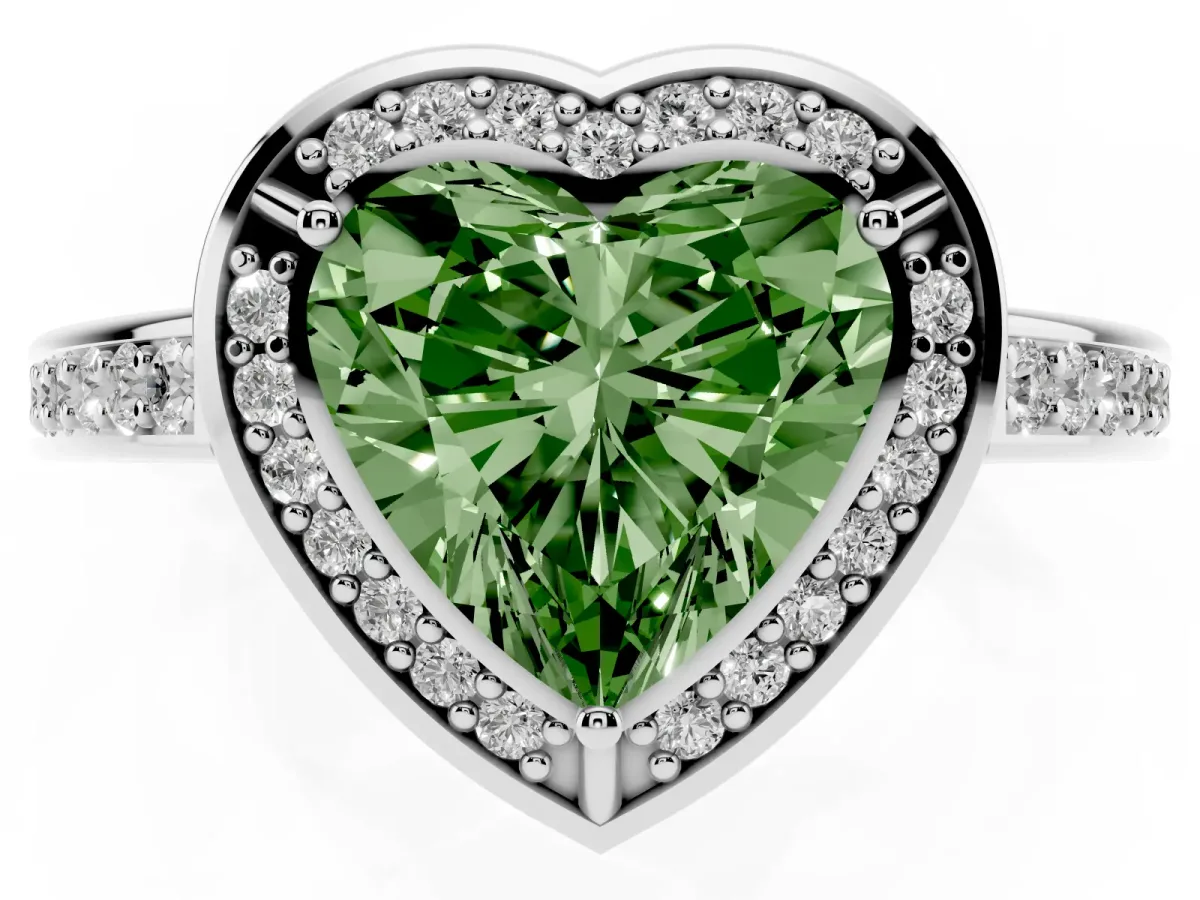 Fancy Green Heart Cut Cut Halo Pave Split Shank Prong Setting Ring Platinum