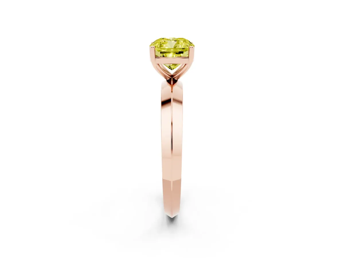 Fancy Yellow Cushion Cut Cut Solitaire Engagement Ring with Flat Band and Four-Prong Setting Rose gold
