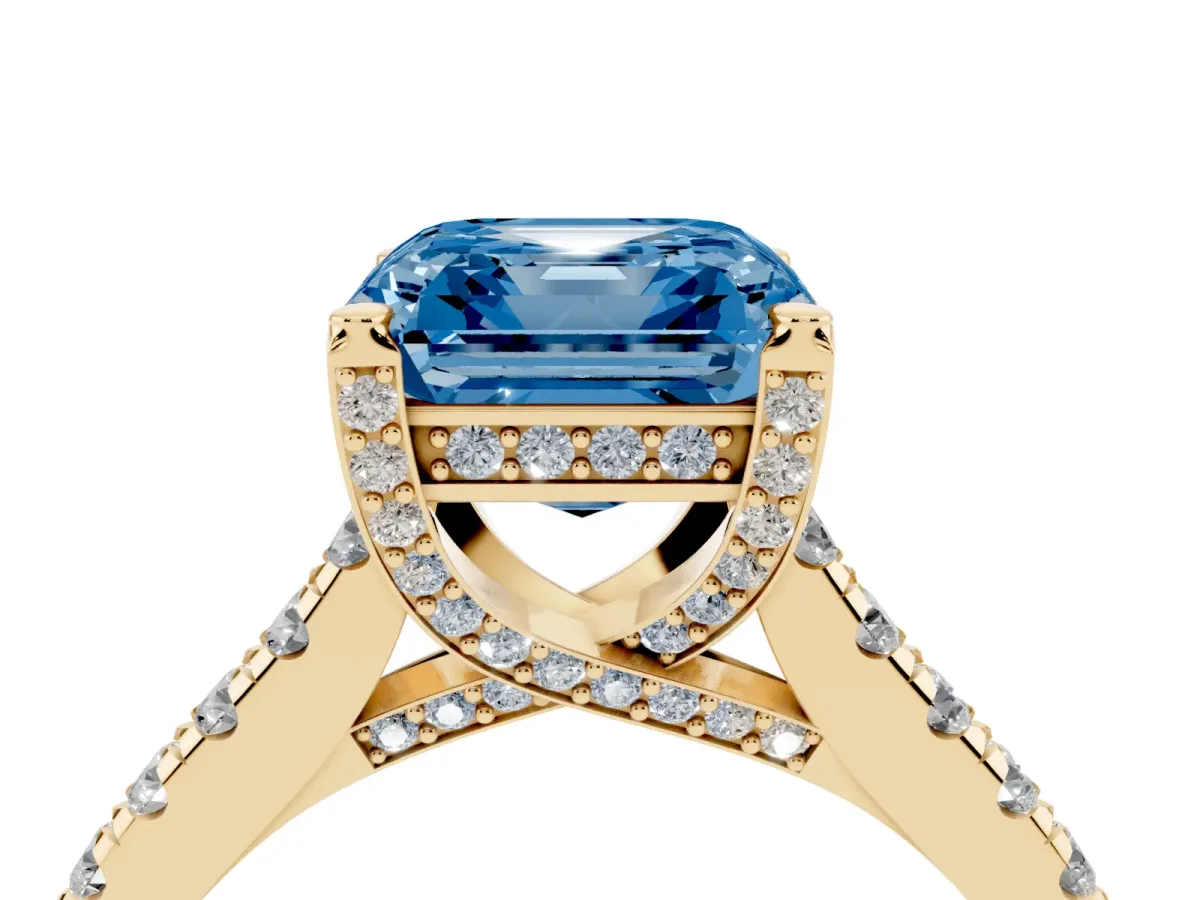 Fancy Blue Asscher Cut Brilliant Diamond Solitaire with Pavé Band and Four-Prong Setting Yellow gold