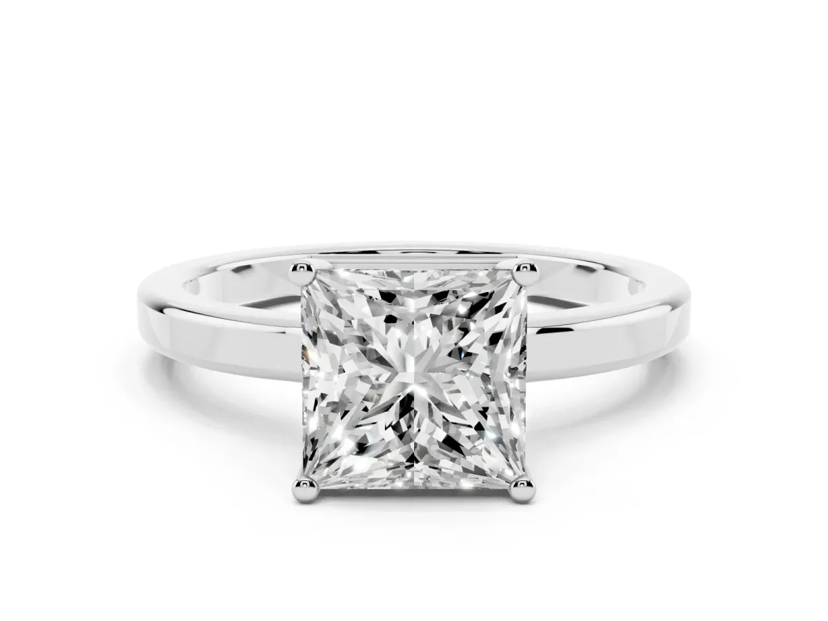 Princess Cut Cut Solitaire Engagement Ring with Four-Prong Setting on a Classic Band Silver
