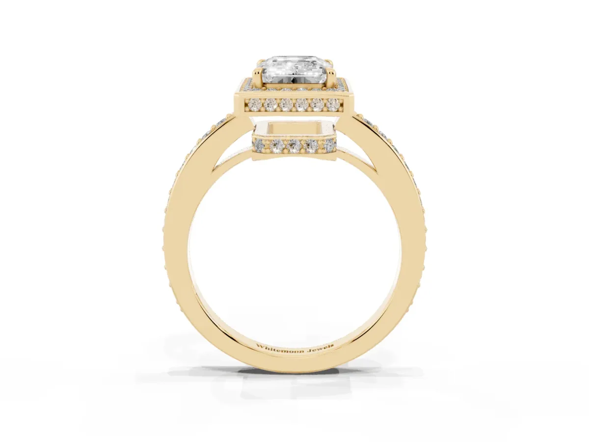 Emerald Cut Halo Pave Band Solitaire Ring with Prong Setting Yellow gold