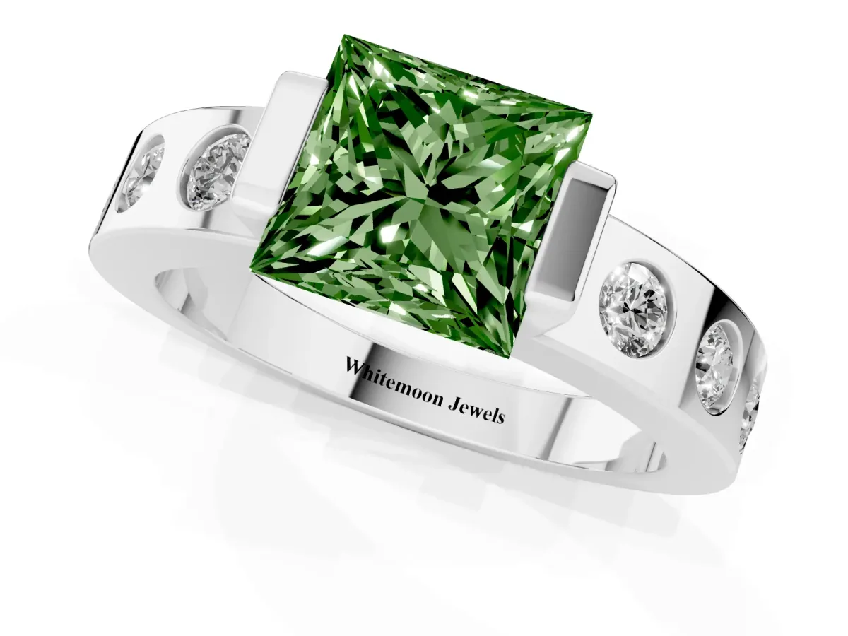 Fancy Green Princess Cut Brilliant Channel-Set Diamond Ring with Bezel Prong Setting Silver